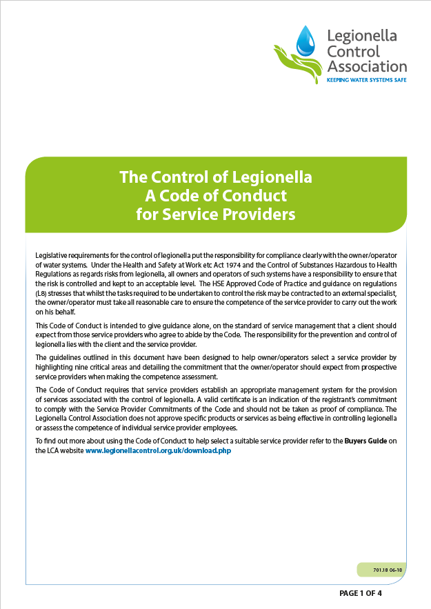 THE CONTROL OF LEGIONELLA A CODE OF CONDUCT FOR SERVICE PROVIDERS​